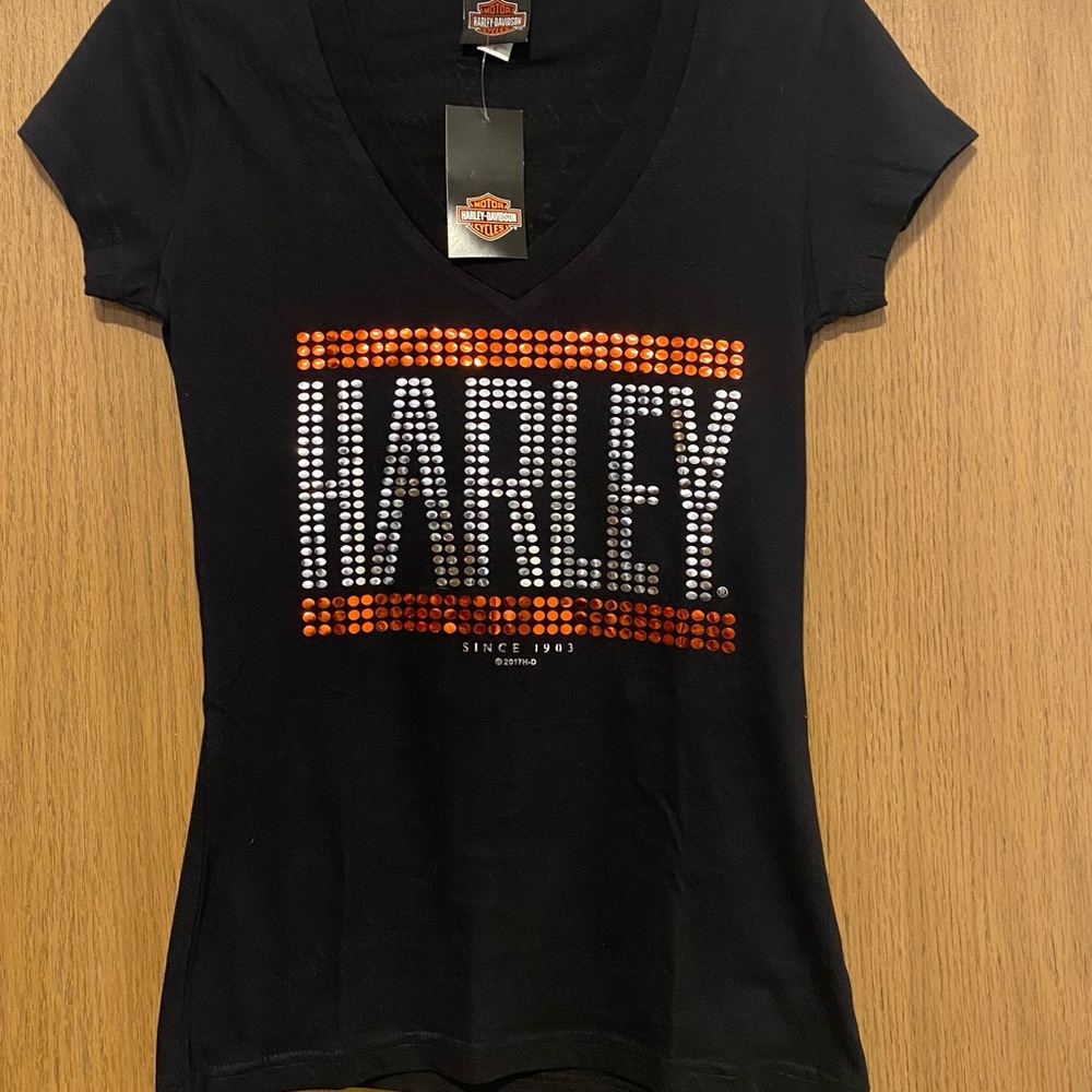 Harley-Davidson Black V-Neck Tee with Orange and Silver Accents